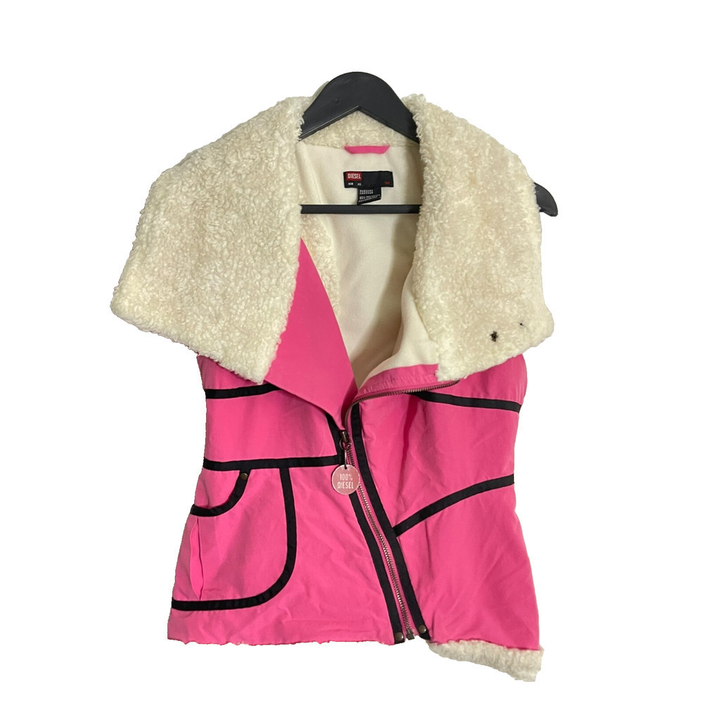 Diesel XS Vintage Sherpa Vest Pink Moto Full Zip Up Y2K Jacket Festival